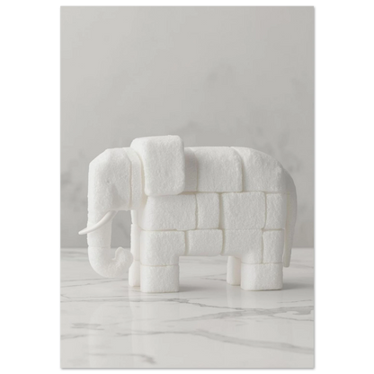Elefant skapad av vita sockerbitar på ljus marmor, minimalistisk djurposter