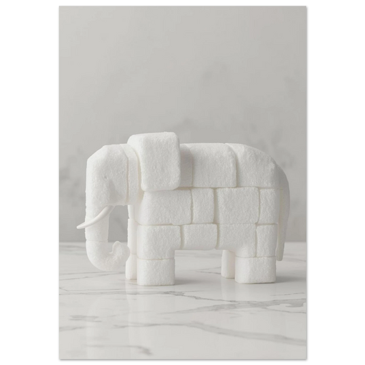 Elefant skapad av vita sockerbitar på ljus marmor, minimalistisk djurposter