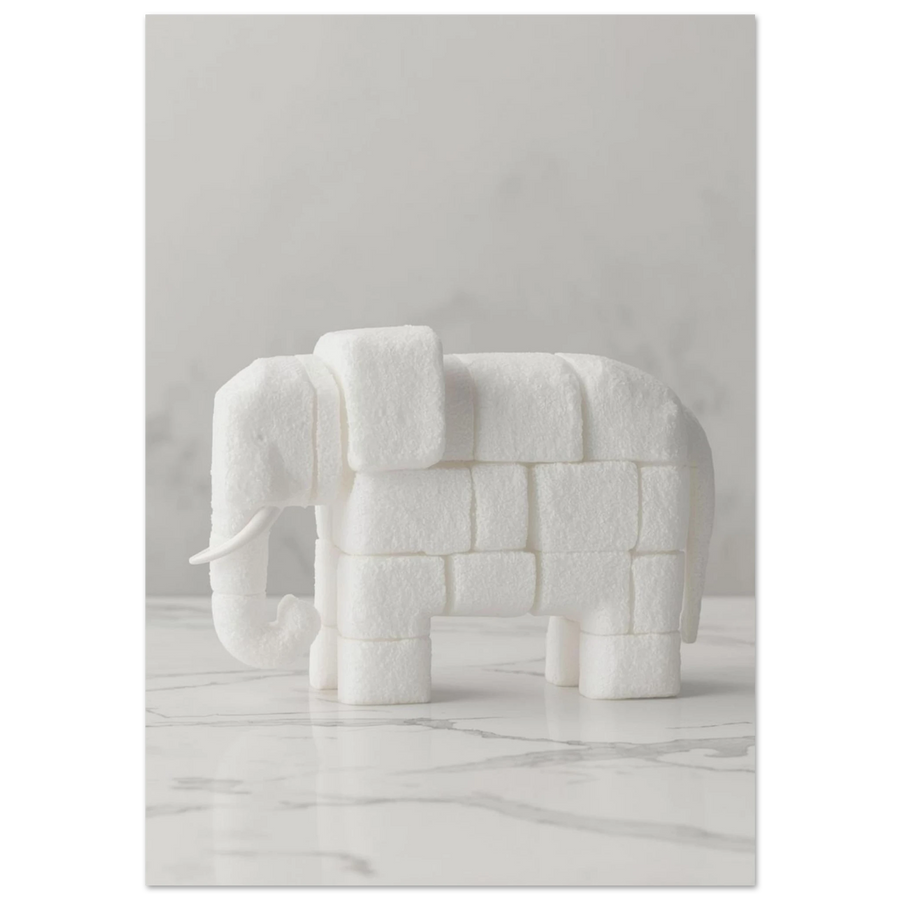 Elefant skapad av vita sockerbitar på ljus marmor, minimalistisk djurposter