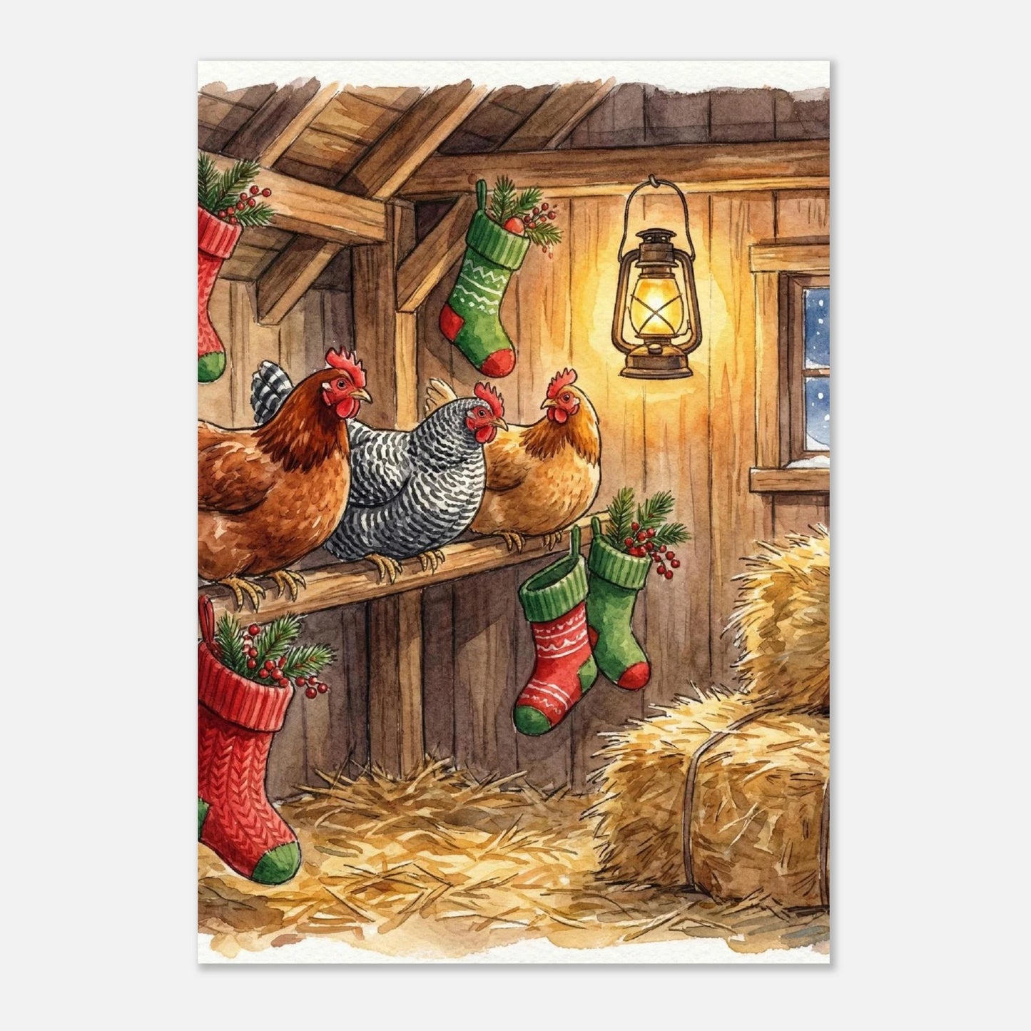 Detaljrik illustration av höns i julstämning med snöfall utanför fönstret