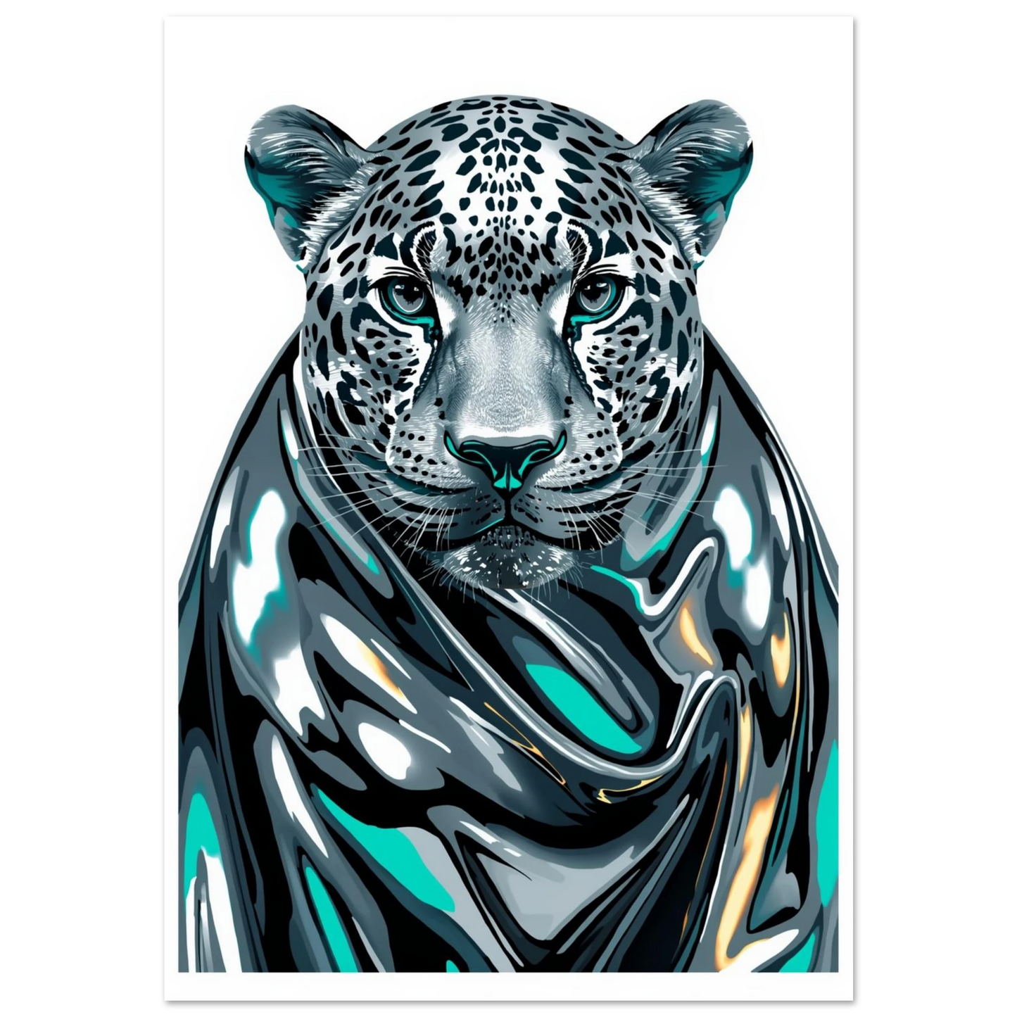 Digital illustration av leopard i flytande krom med turkosa ögon