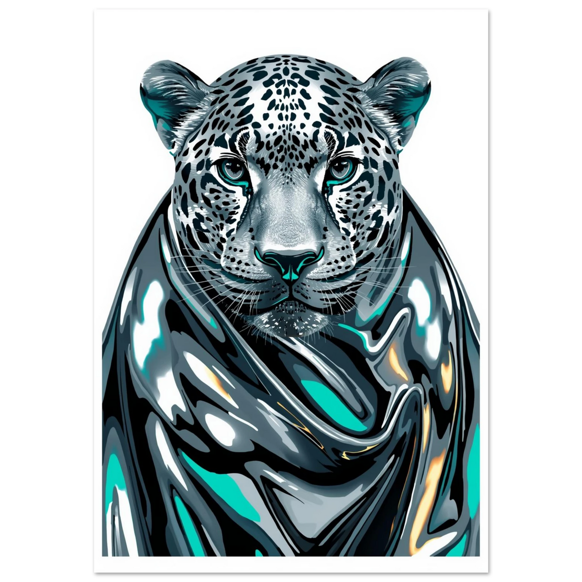 Digital illustration av leopard i flytande krom med turkosa ögon
