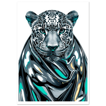 Digital illustration av leopard i flytande krom med turkosa ögon