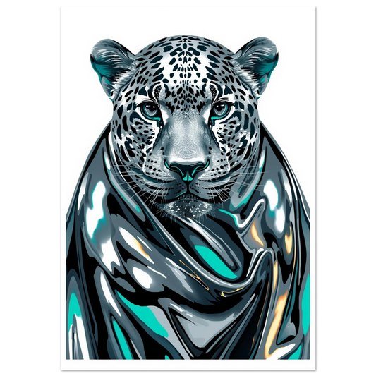 Digital illustration av leopard i flytande krom med turkosa ögon