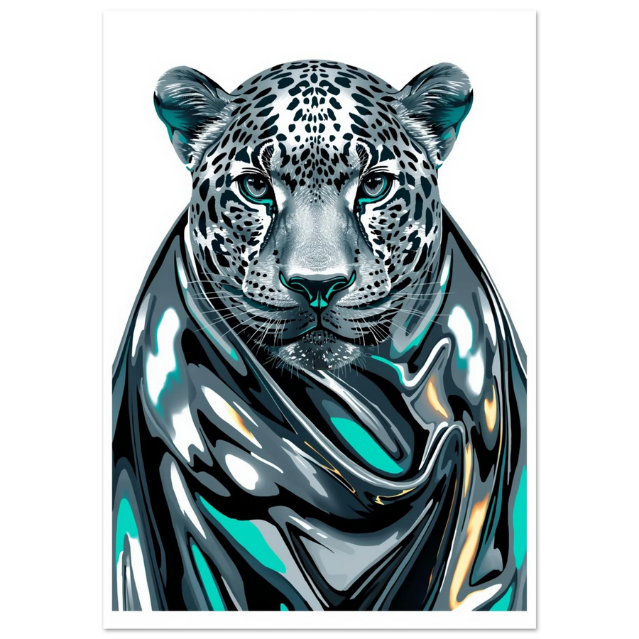 Digital illustration av leopard i flytande krom med turkosa ögon