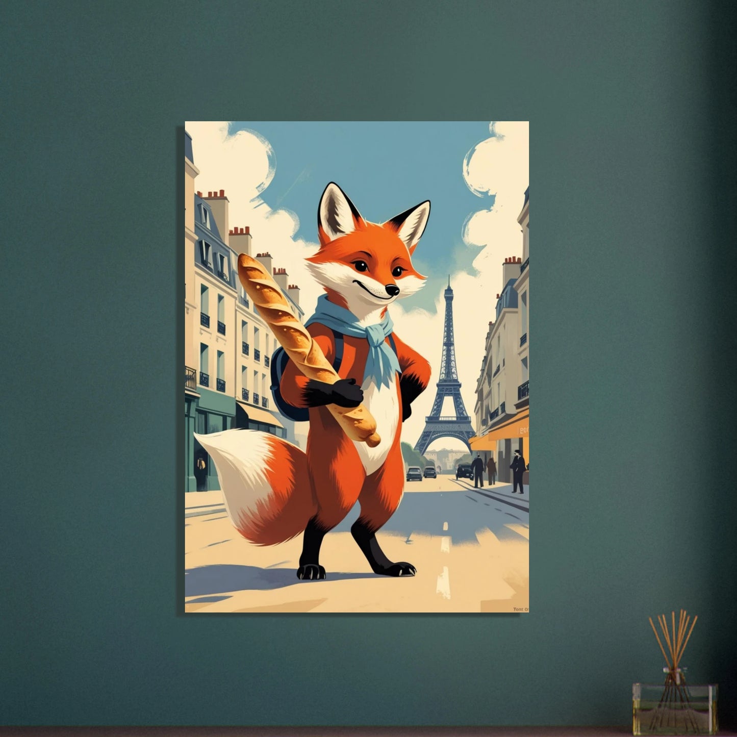 Charmig räv i Paris med baguette, vintage reseposterstil