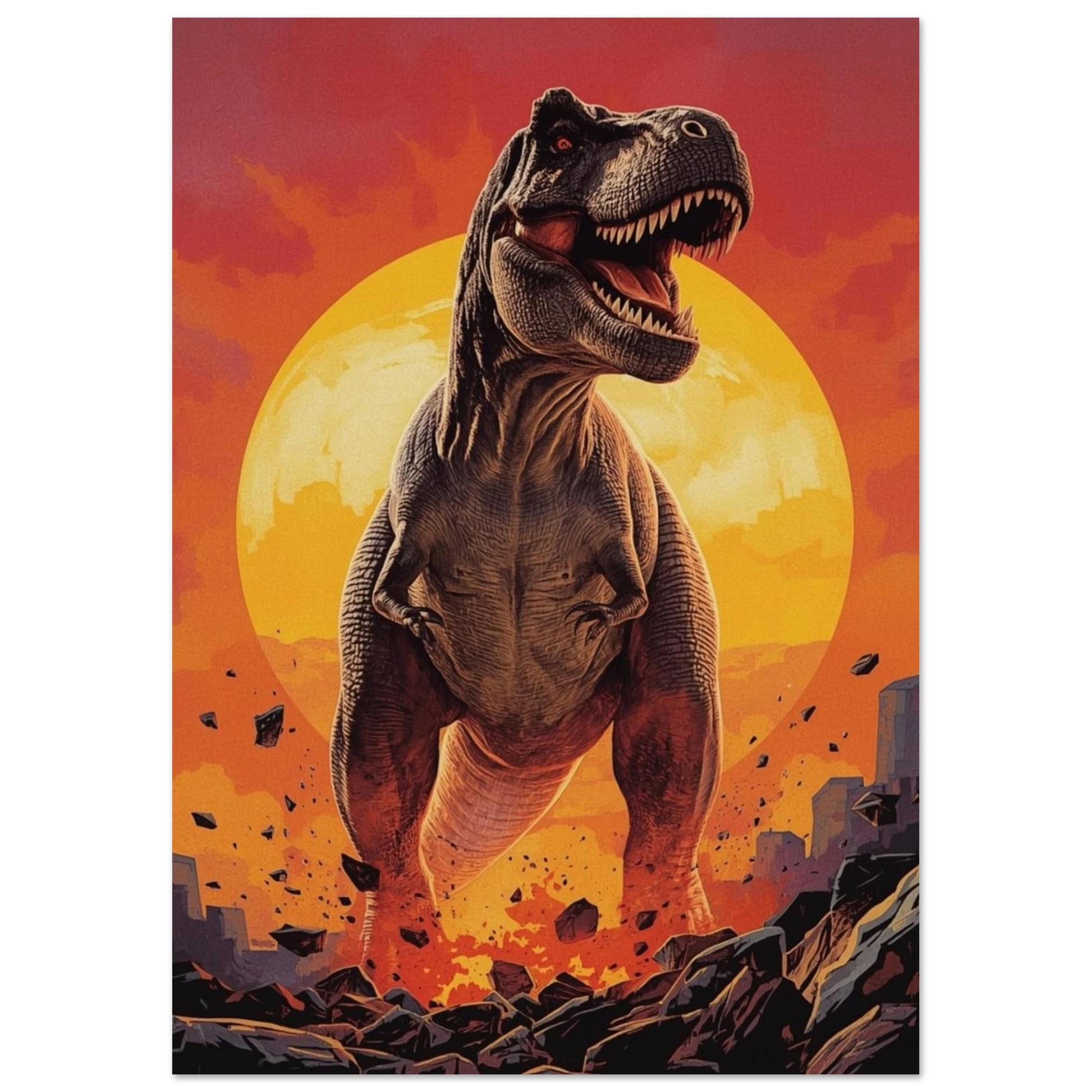T-rex med gapande mun och röda ögon, sträckt framåt i dramatisk solnedgång med byggnader i horisonten – Tecknad poster