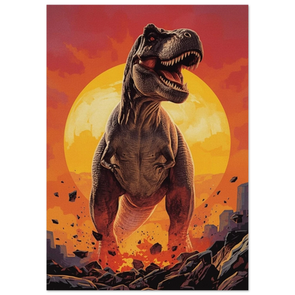 T-rex med gapande mun och röda ögon, sträckt framåt i dramatisk solnedgång med byggnader i horisonten – Tecknad poster