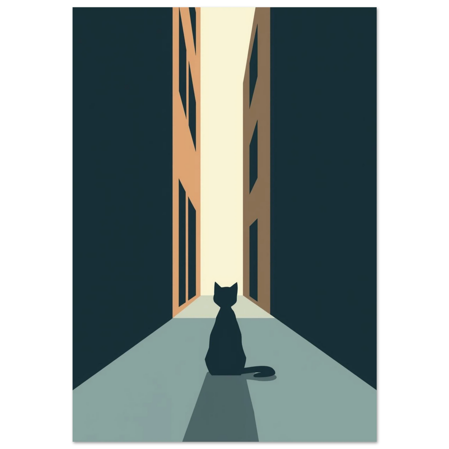 Svart kattsilhuett i en minimalistisk urban gränd med blå toner
