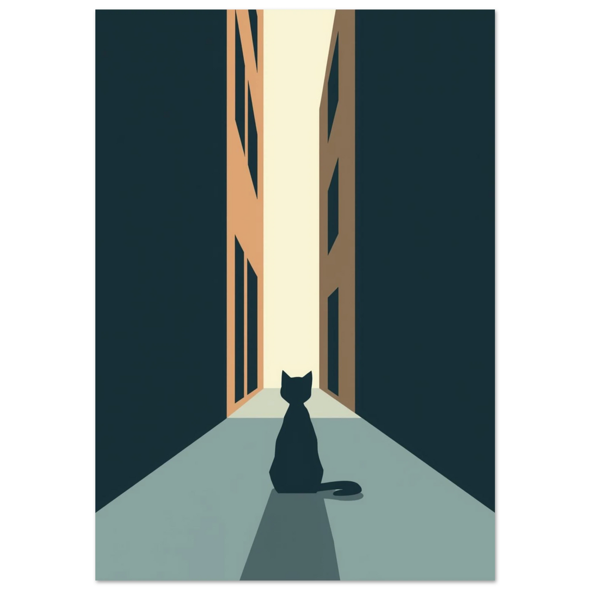 Svart kattsilhuett i en minimalistisk urban gränd med blå toner