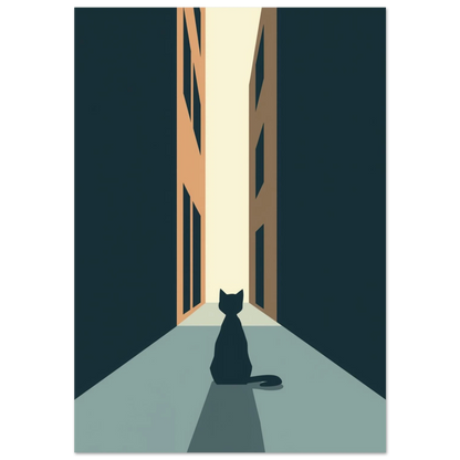 Svart kattsilhuett i en minimalistisk urban gränd med blå toner