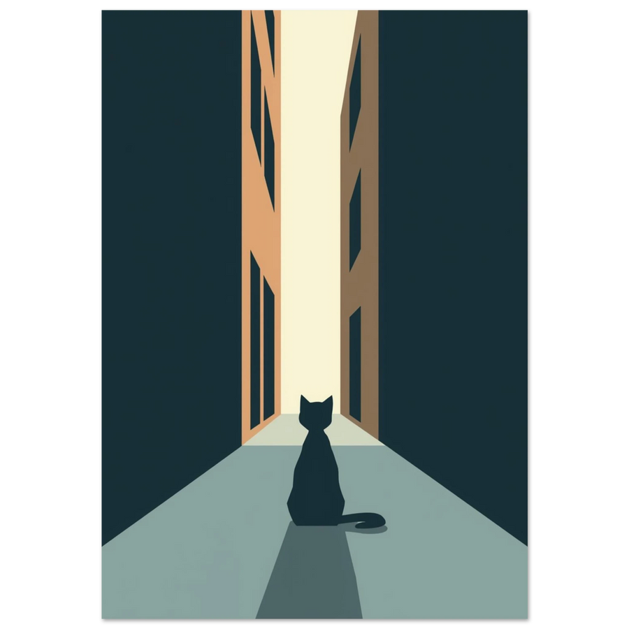 Svart kattsilhuett i en minimalistisk urban gränd med blå toner
