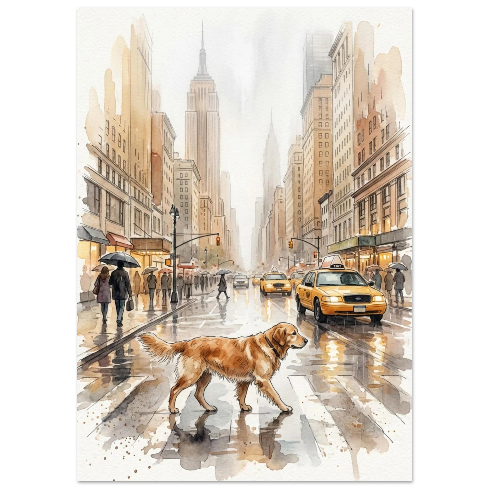 Akvarellillustration av hund som promenerar i regnigt Manhattan – urban väggkonst