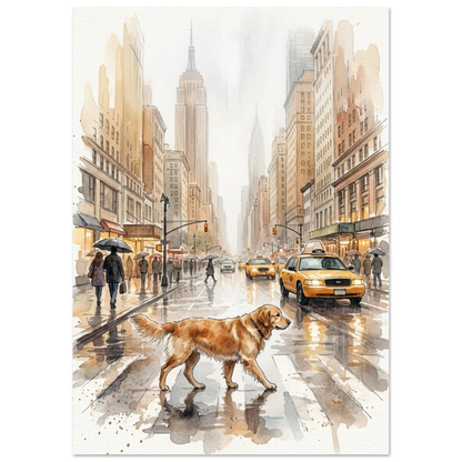 Akvarellillustration av hund som promenerar i regnigt Manhattan – urban väggkonst