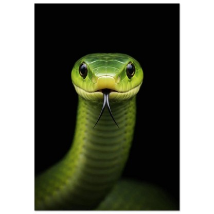 Grön Mamba med tungan ute framifrån på svart bakgrund – Fotorealistisk poster