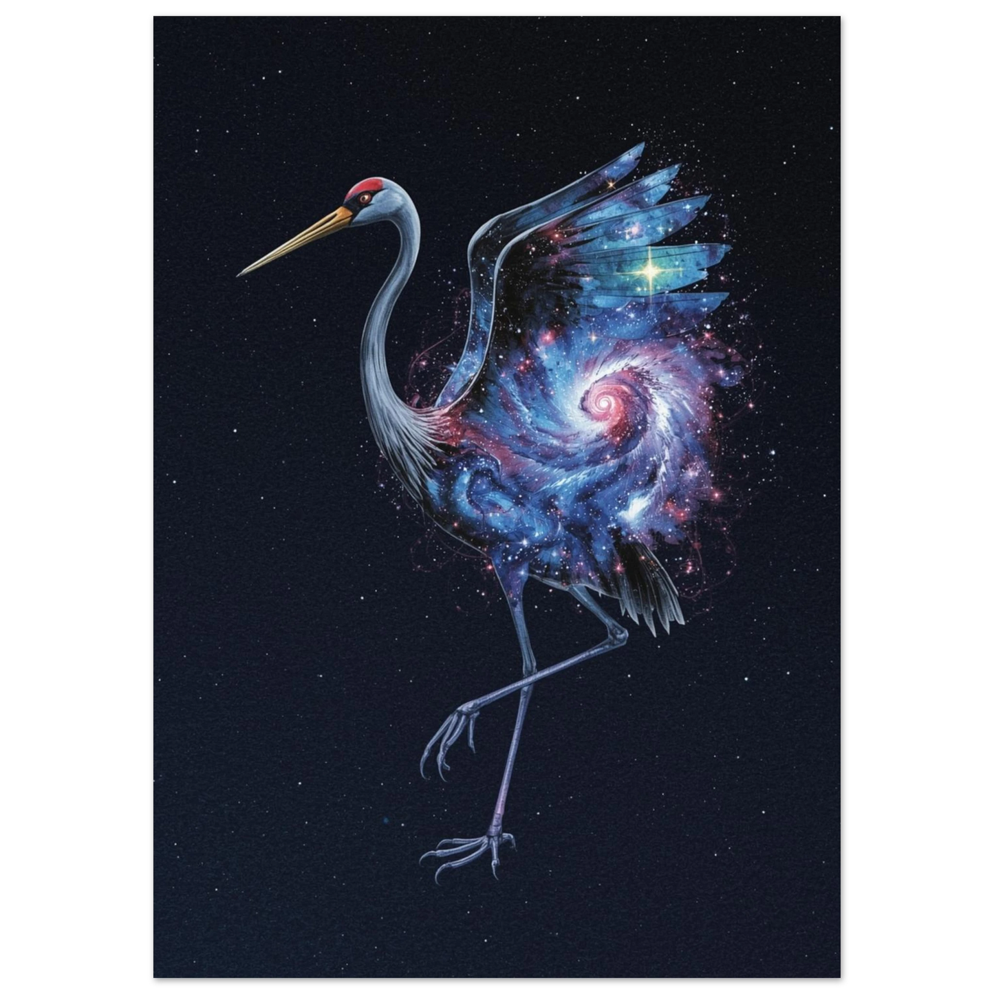 Närbild på en trana fylld med lila och blå nebulosor