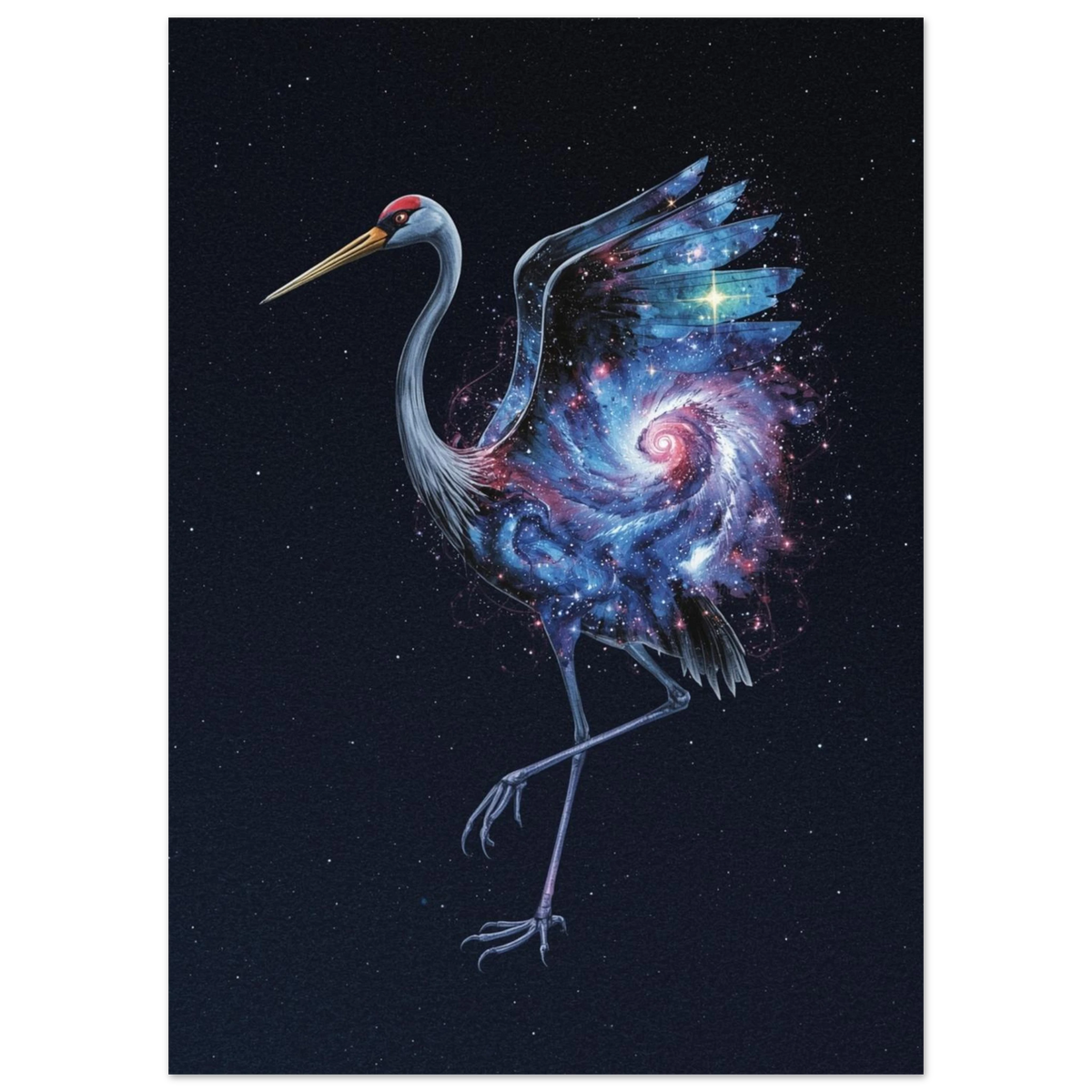 Närbild på en trana fylld med lila och blå nebulosor