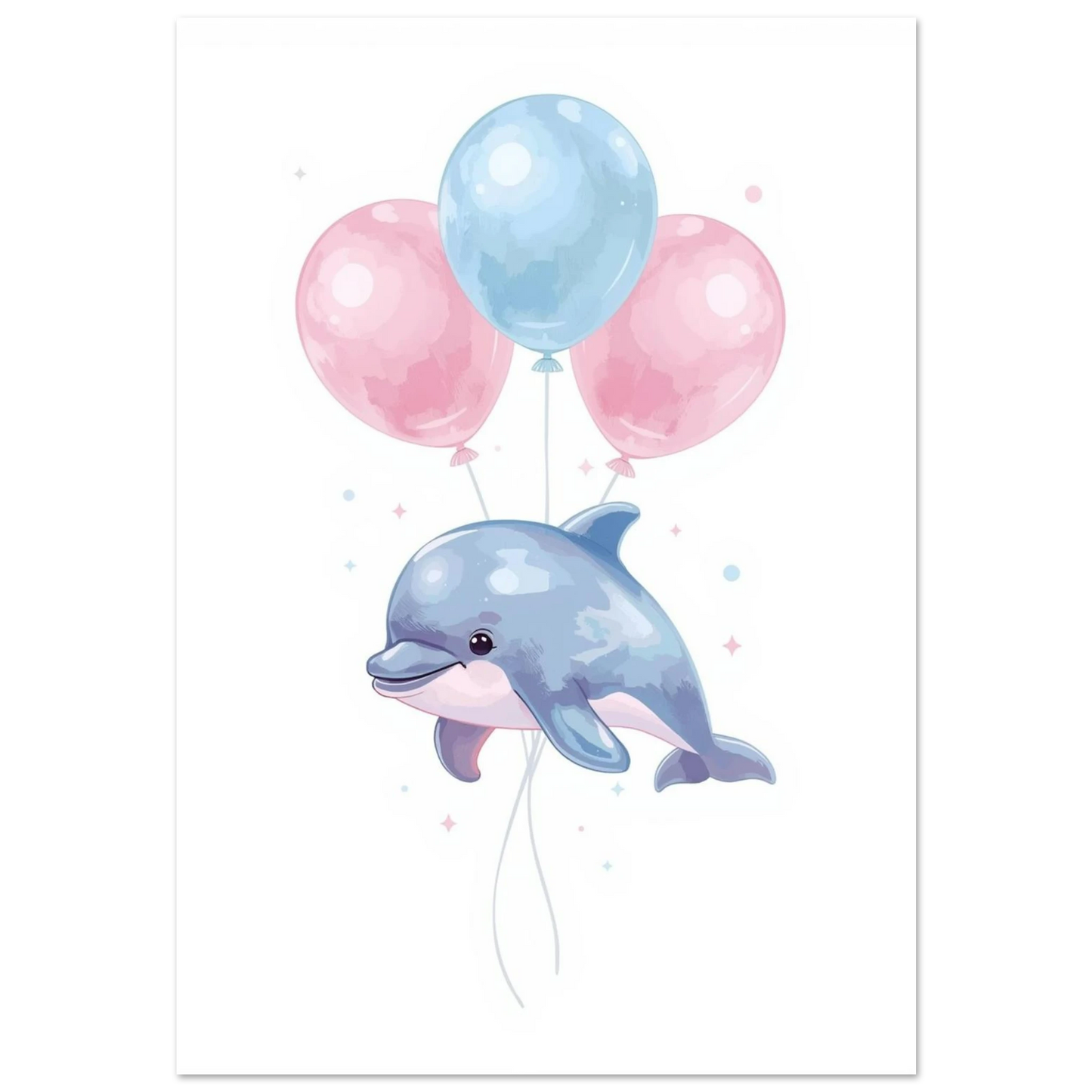 Ljusblå delfin som svävar med rosa och blå ballonger, barnposter
