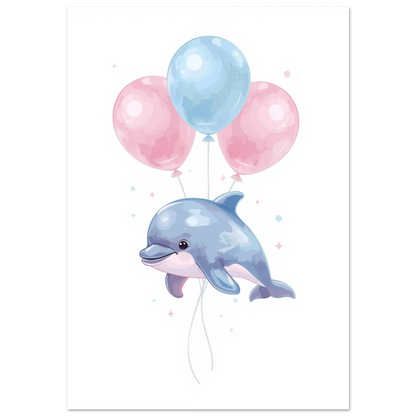 Ljusblå delfin som svävar med rosa och blå ballonger, barnposter
