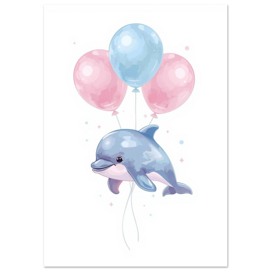 Ljusblå delfin som svävar med rosa och blå ballonger, barnposter