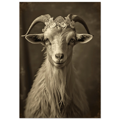 Krönt get i sepia med blomsterkrans och spets – vintage djurposter