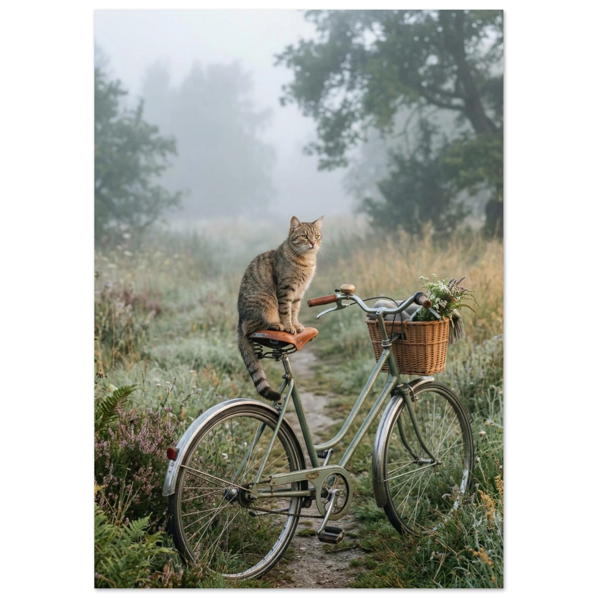 Gammal grön cykel med katt och blomkorg i dimmig natur – fotokonst