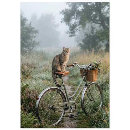 Gammal grön cykel med katt och blomkorg i dimmig natur – fotokonst