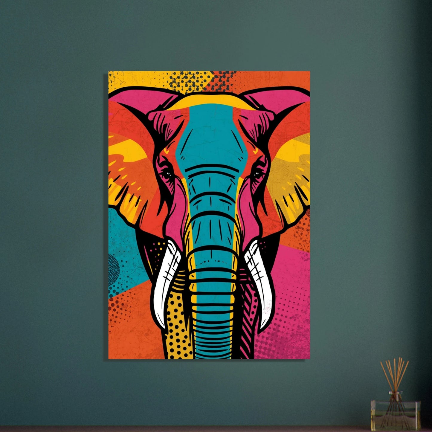 Elefant i popkonststil, färgstark och energisk patchworkdesign