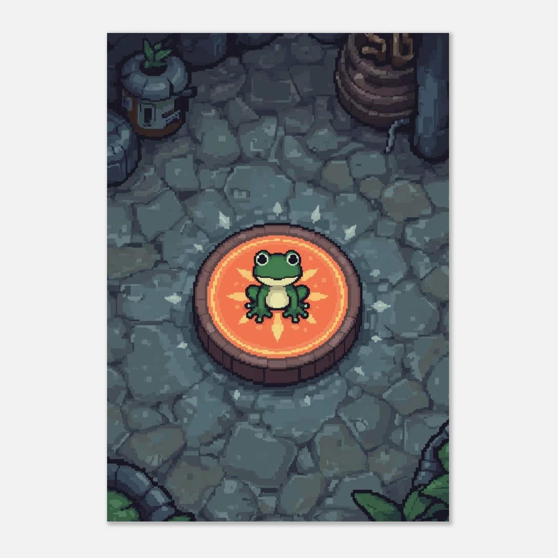 Inramad poster med grodmotiv i retro pixelstil på vit bakgrund