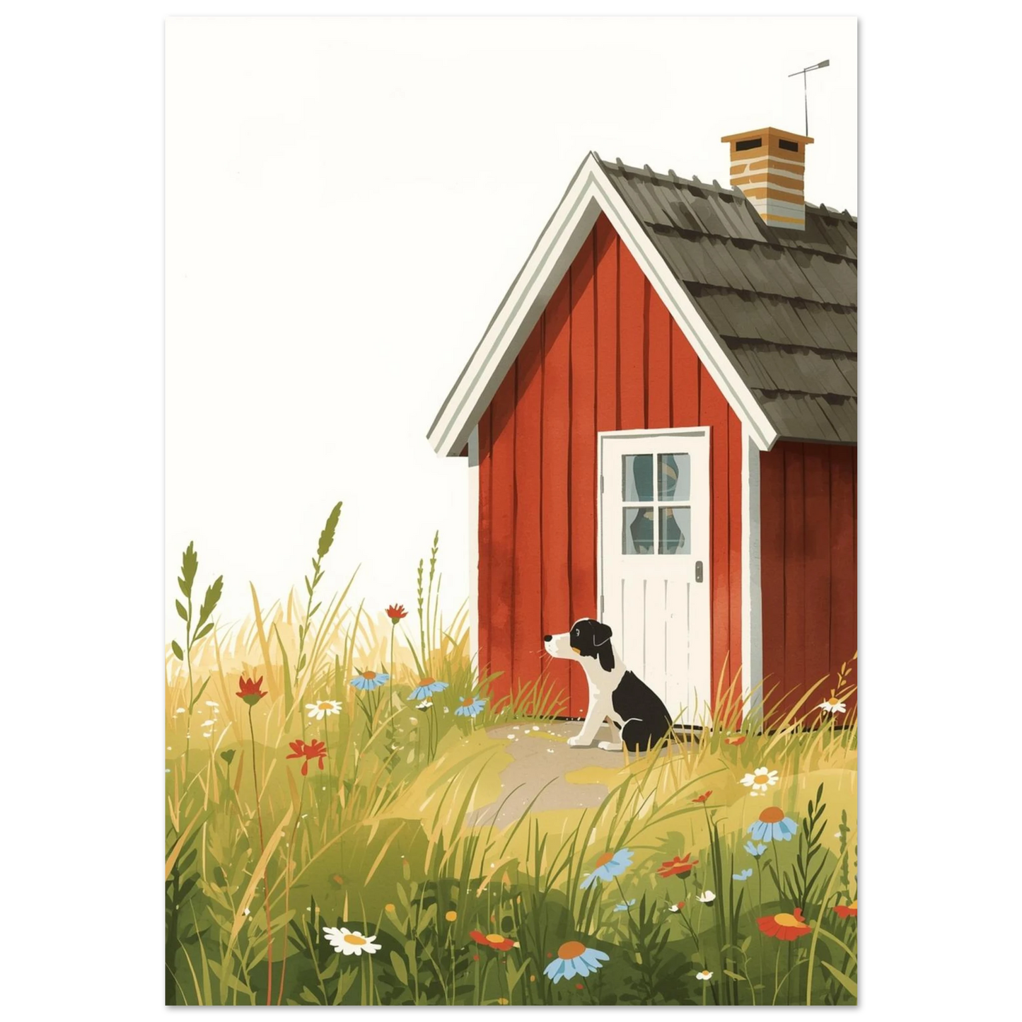 Illustration av en svartvit hund vid röd sommarstuga med blomsteräng