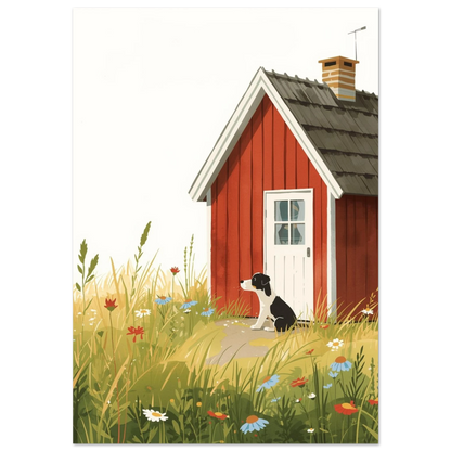 Illustration av en svartvit hund vid röd sommarstuga med blomsteräng