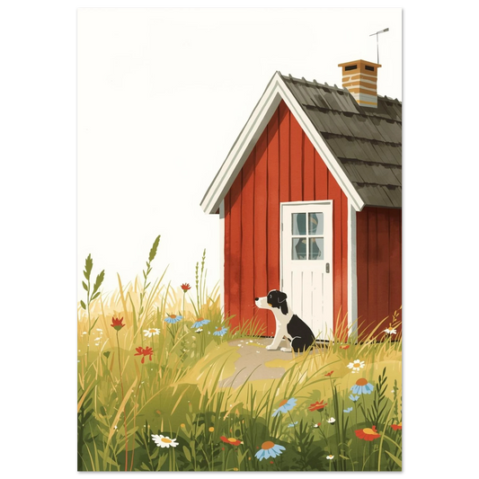 Illustration av en svartvit hund vid röd sommarstuga med blomsteräng