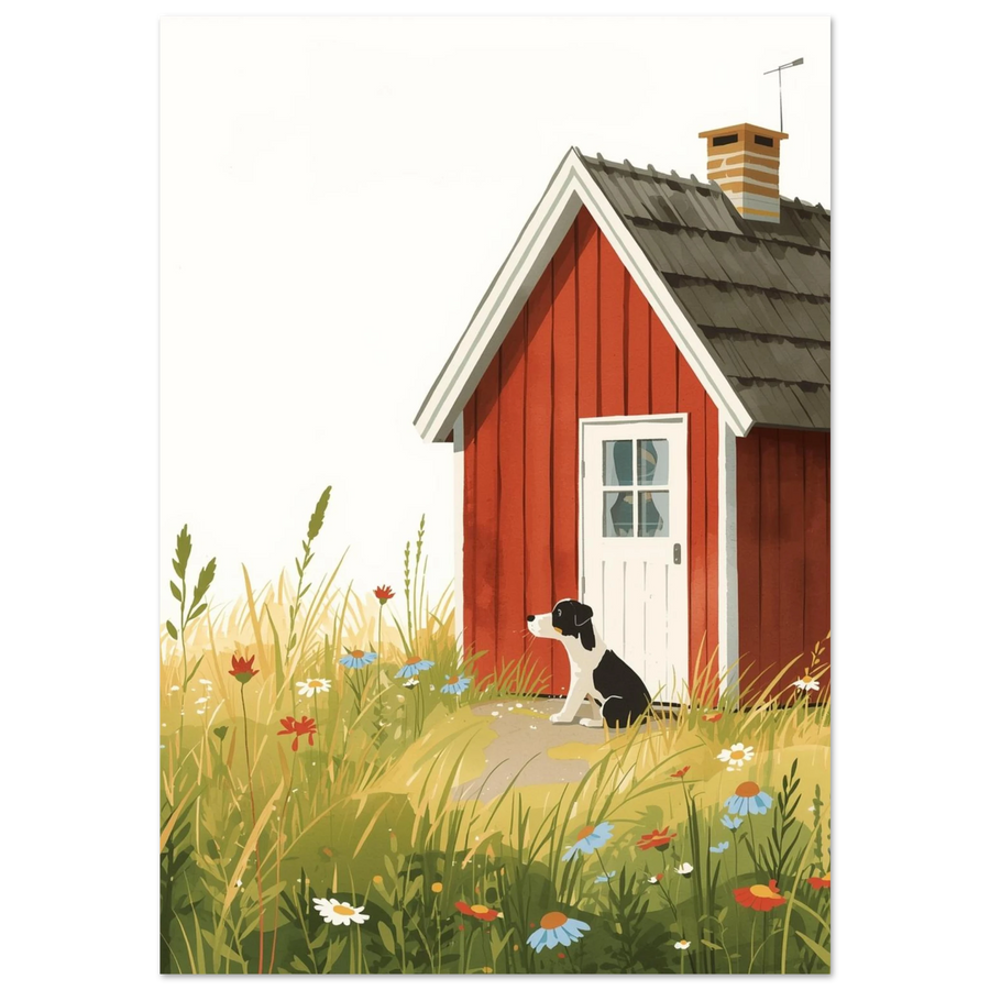 Illustration av en svartvit hund vid röd sommarstuga med blomsteräng