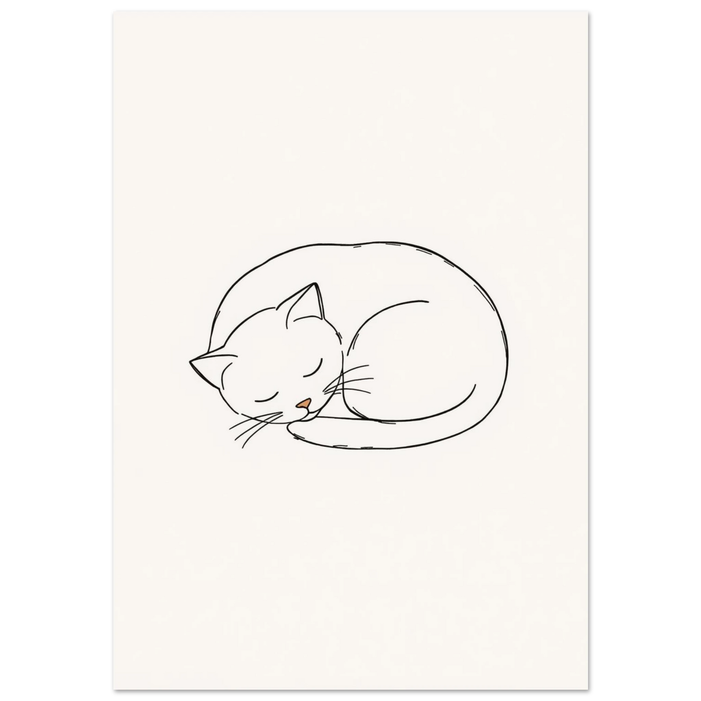 Minimalistisk linjeteckning av en sovande vit katt på ljusbeige bakgrund