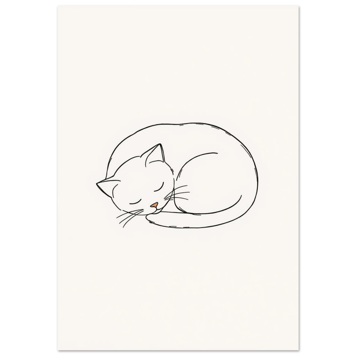 Minimalistisk linjeteckning av en sovande vit katt på ljusbeige bakgrund