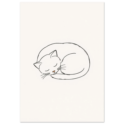 Minimalistisk linjeteckning av en sovande vit katt på ljusbeige bakgrund