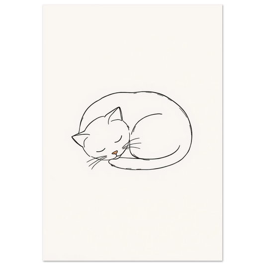 Minimalistisk linjeteckning av en sovande vit katt på ljusbeige bakgrund