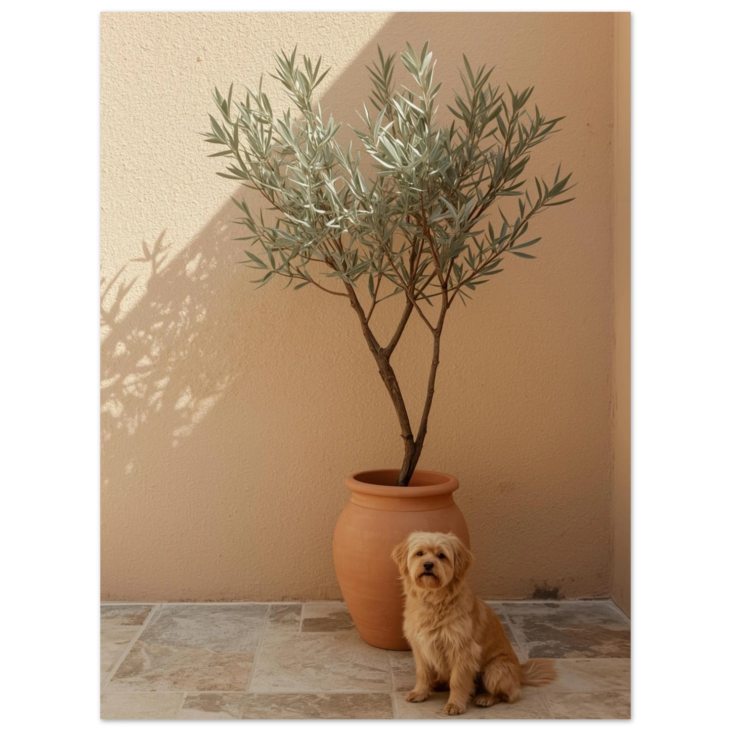 Hundmotiv med varm beige ton och grönt olivträd, harmonisk väggkonst