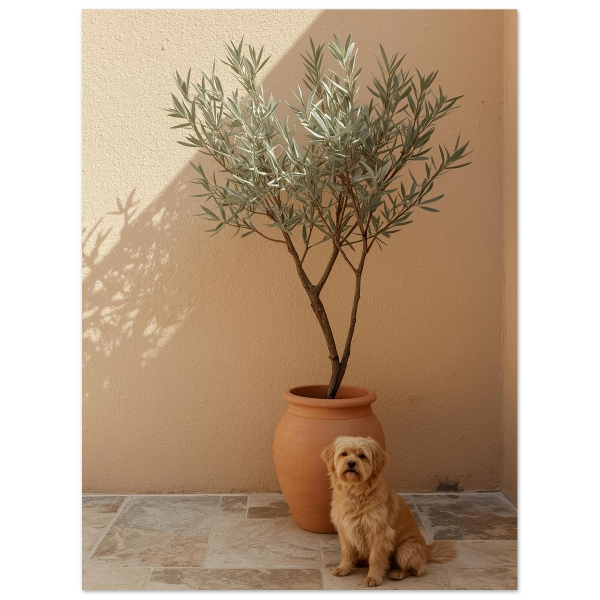 Hundmotiv med varm beige ton och grönt olivträd, harmonisk väggkonst