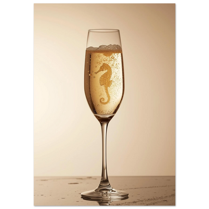 Sjöhäst i champagneglas med gyllene bubblor – surrealistisk djurposter i bärnstenston