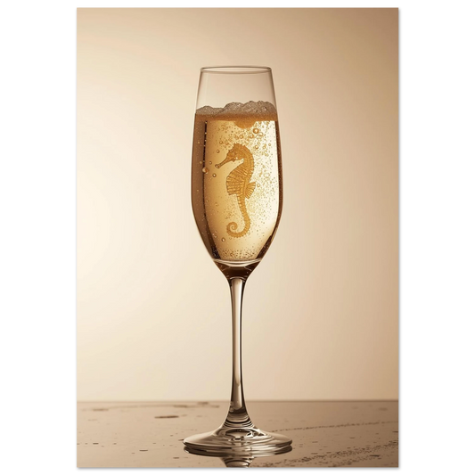 Sjöhäst i champagneglas med gyllene bubblor – surrealistisk djurposter i bärnstenston