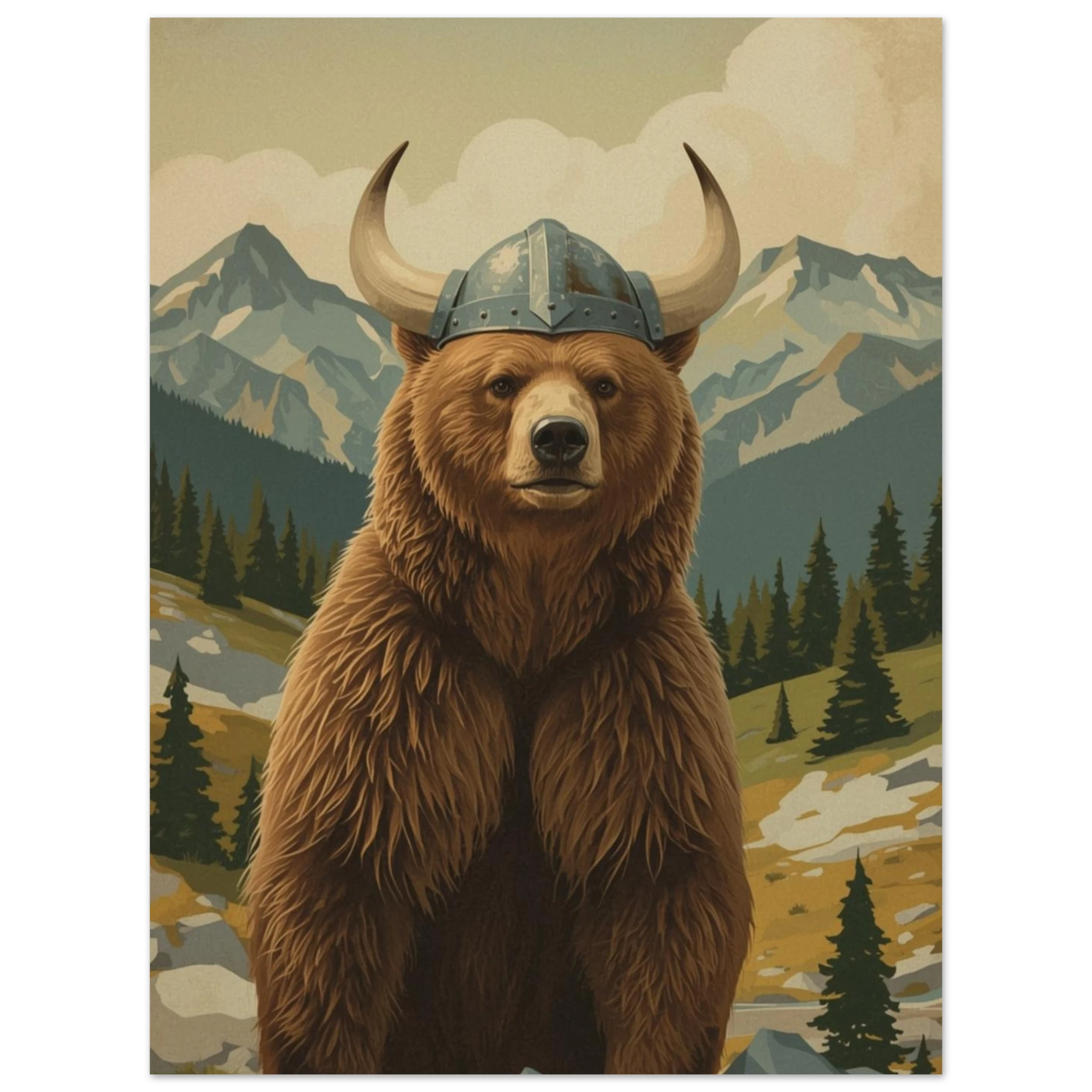 Björn med detaljerad vikingahjälm, blickar rakt fram, mot målad bergsbakgrund – Målad poster
