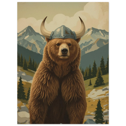 Björn med detaljerad vikingahjälm, blickar rakt fram, mot målad bergsbakgrund – Målad poster