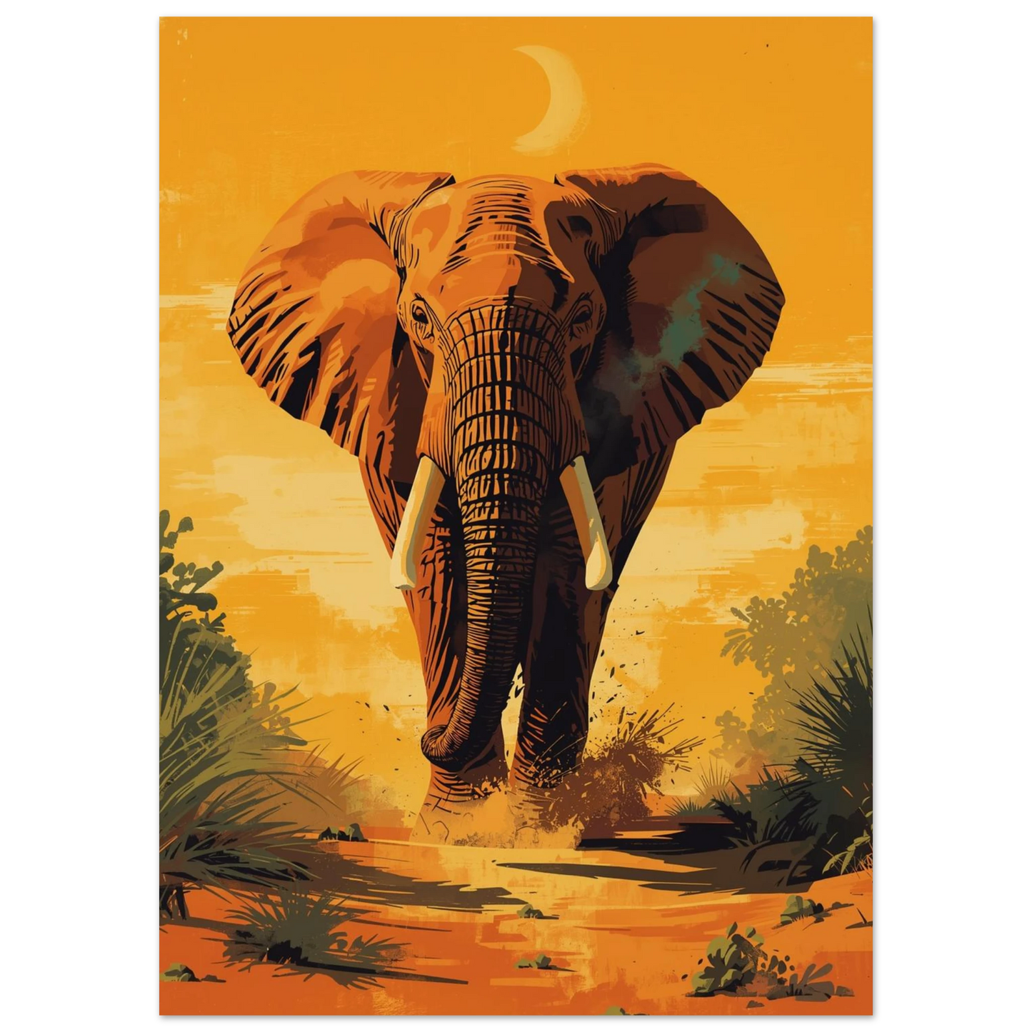 Ståtlig afrikansk elefant i gyllene toner, stiliserad illustration för väggkonst