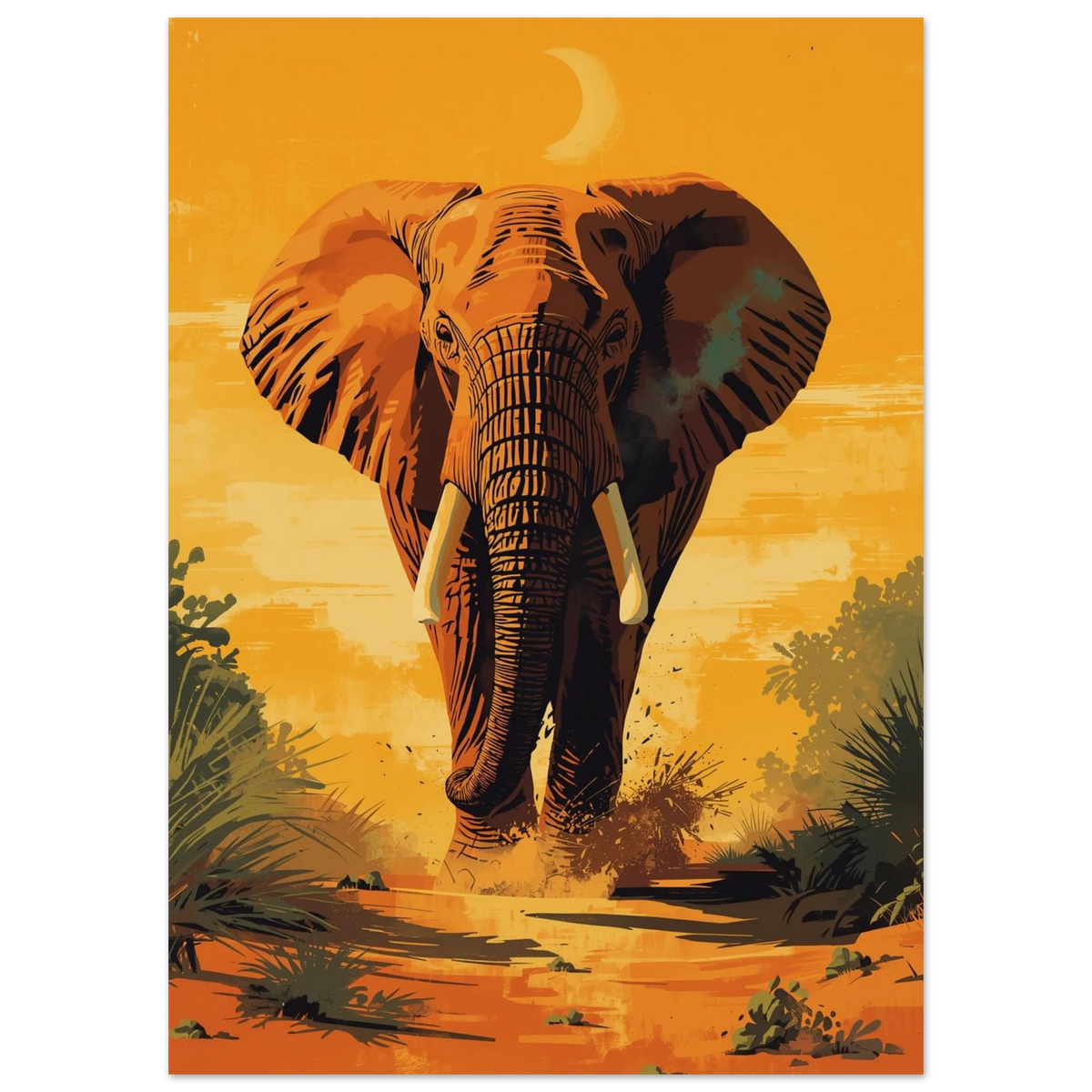 Ståtlig afrikansk elefant i gyllene toner, stiliserad illustration för väggkonst