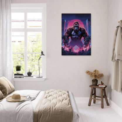 Poster med gorilla och stadssiluett hängande i ett sovrum – Tecknad poster