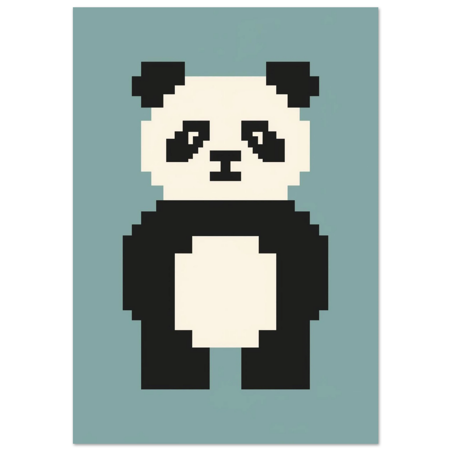 Pixelkonst av en panda i svartvitt mot blågrön bakgrund