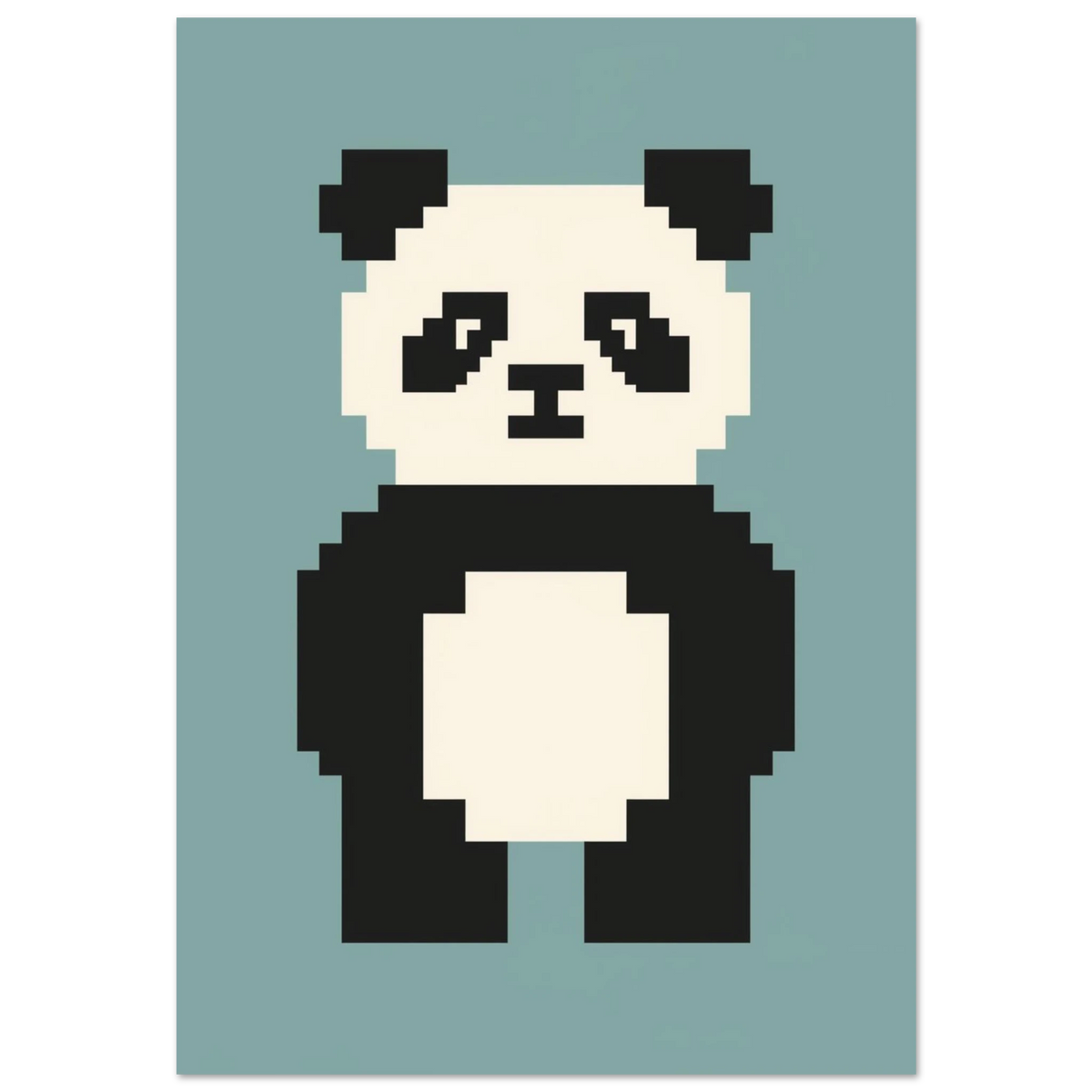 Pixelkonst av en panda i svartvitt mot blågrön bakgrund