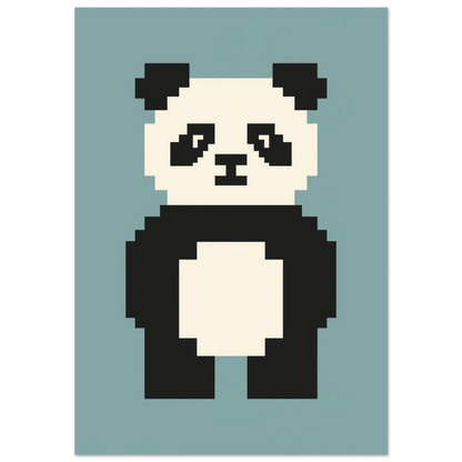 Pixelkonst av en panda i svartvitt mot blågrön bakgrund