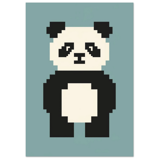 Pixelkonst av en panda i svartvitt mot blågrön bakgrund
